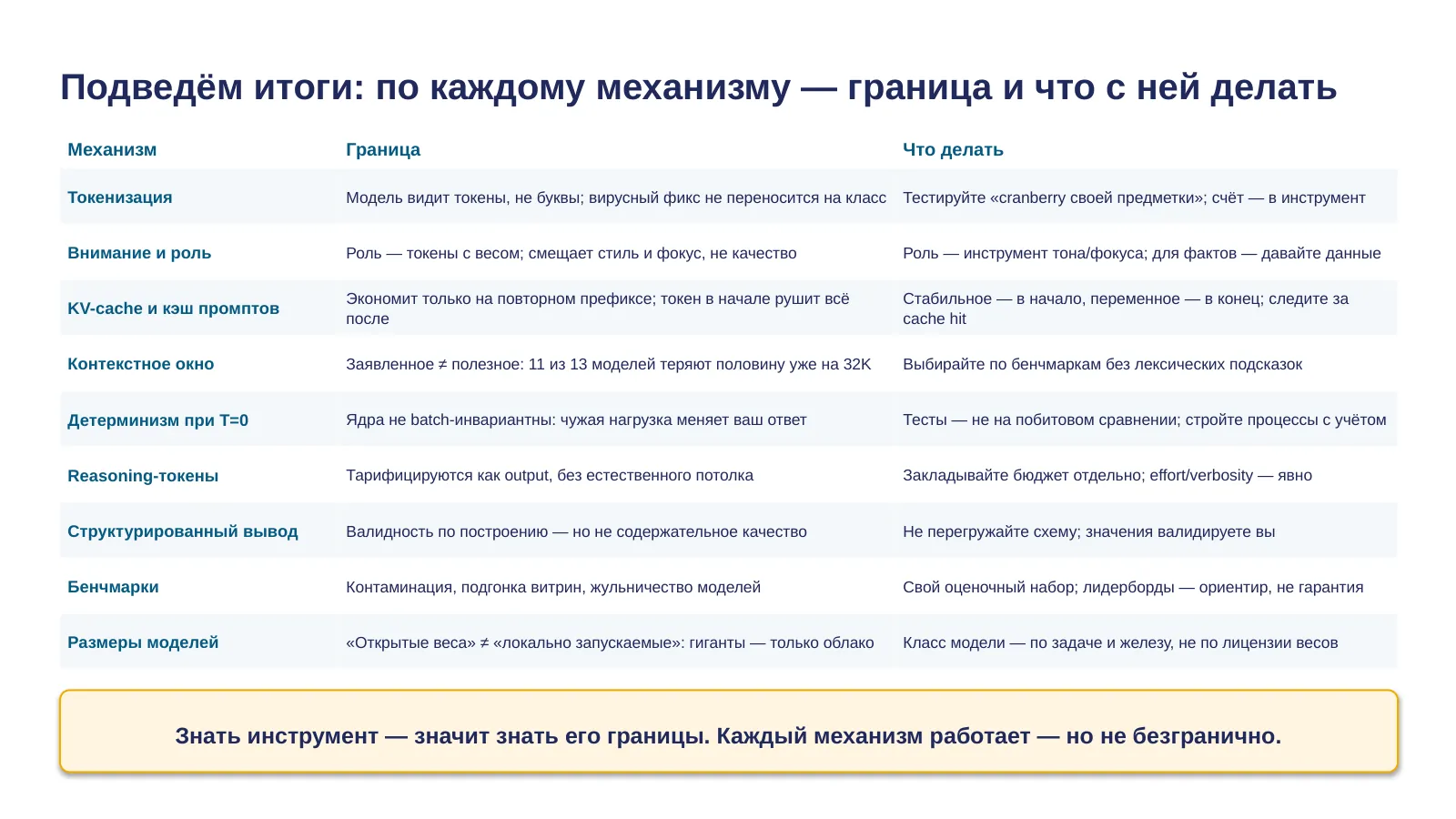 Слайд 43. Подведём итоги: по каждому механизму — граница и что с ней делать на практике