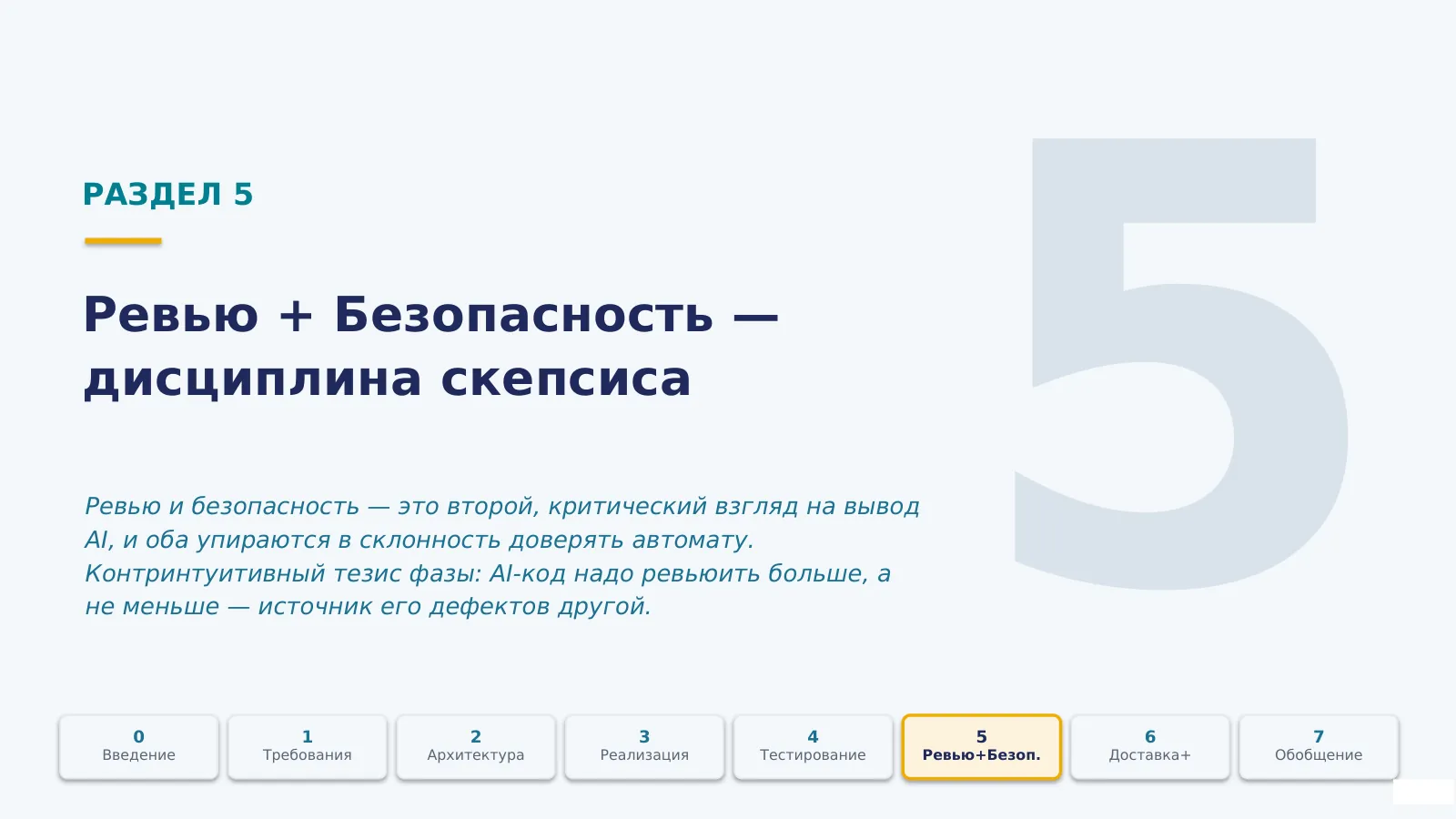 Слайд 39. Ревью + Безопасность · второй критический взгляд на вывод AI; контринтуитивно — AI-код надо ревьюить БОЛЬШЕ, а не меньше