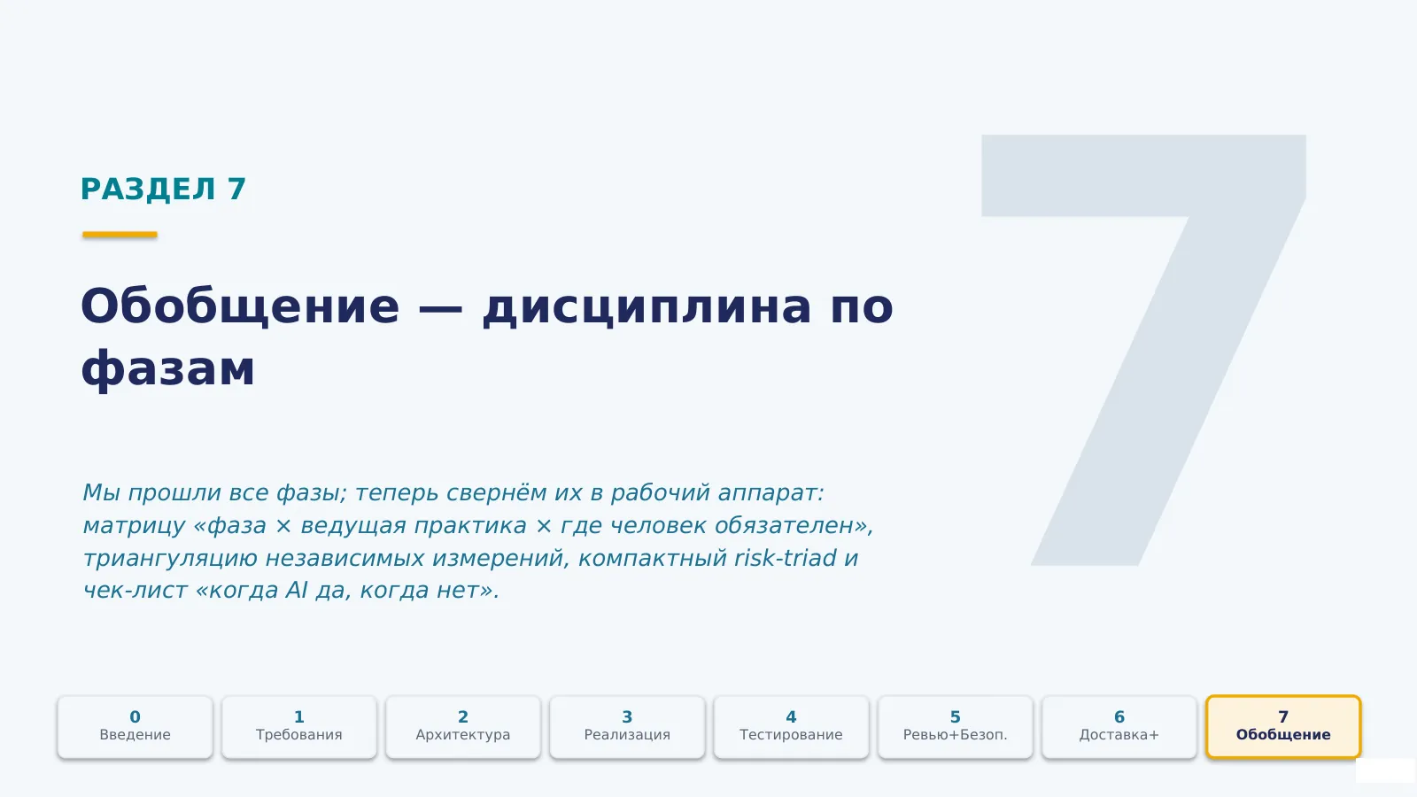 Слайд 52. Обобщение · собираем аппарат решения: матрица «фаза × ведущая практика × где человек», триангуляция, risk-triad, чек-лист