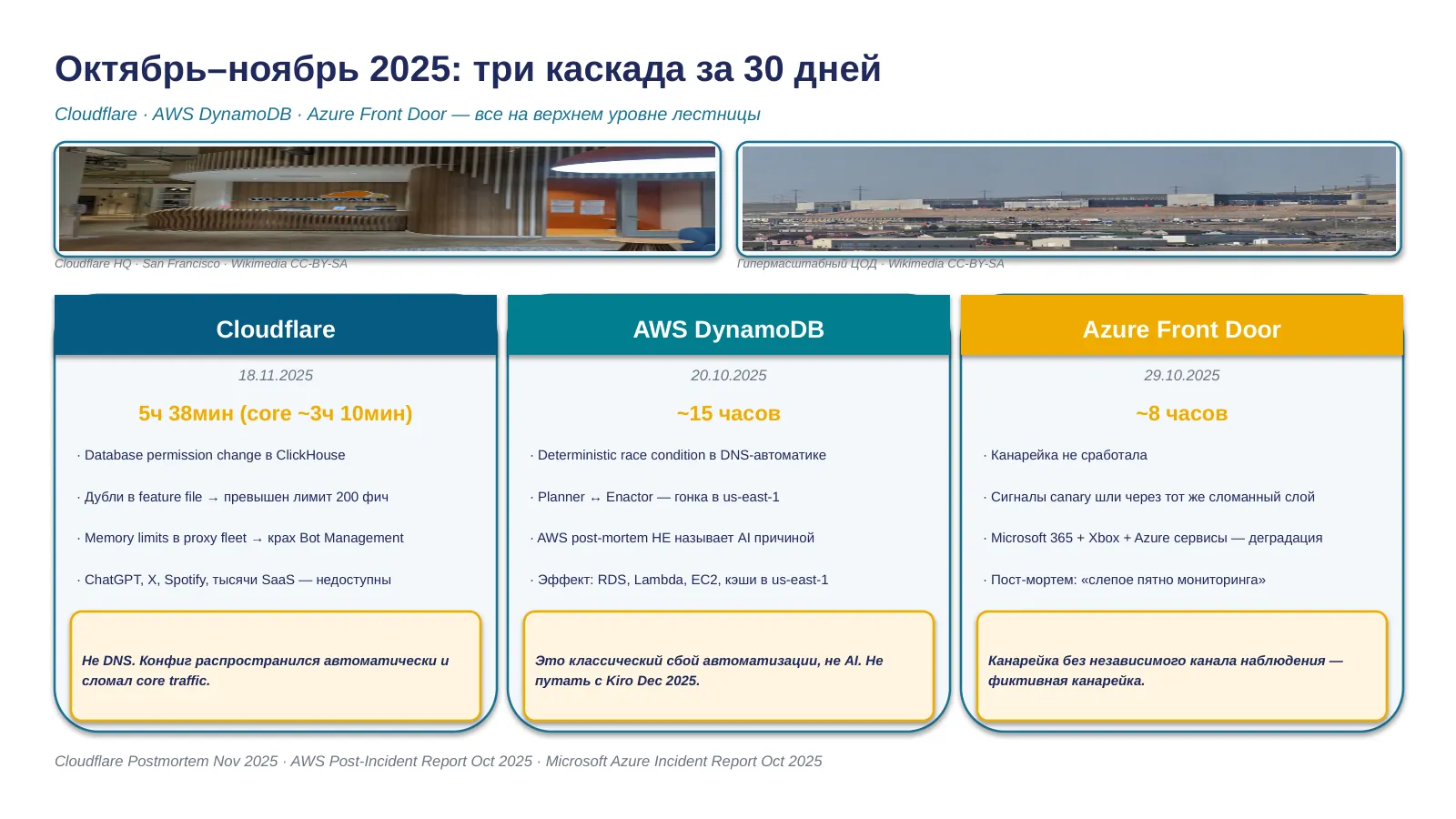 Слайд 18. Каскадные сбои 2025: Cloudflare, AWS, Azure