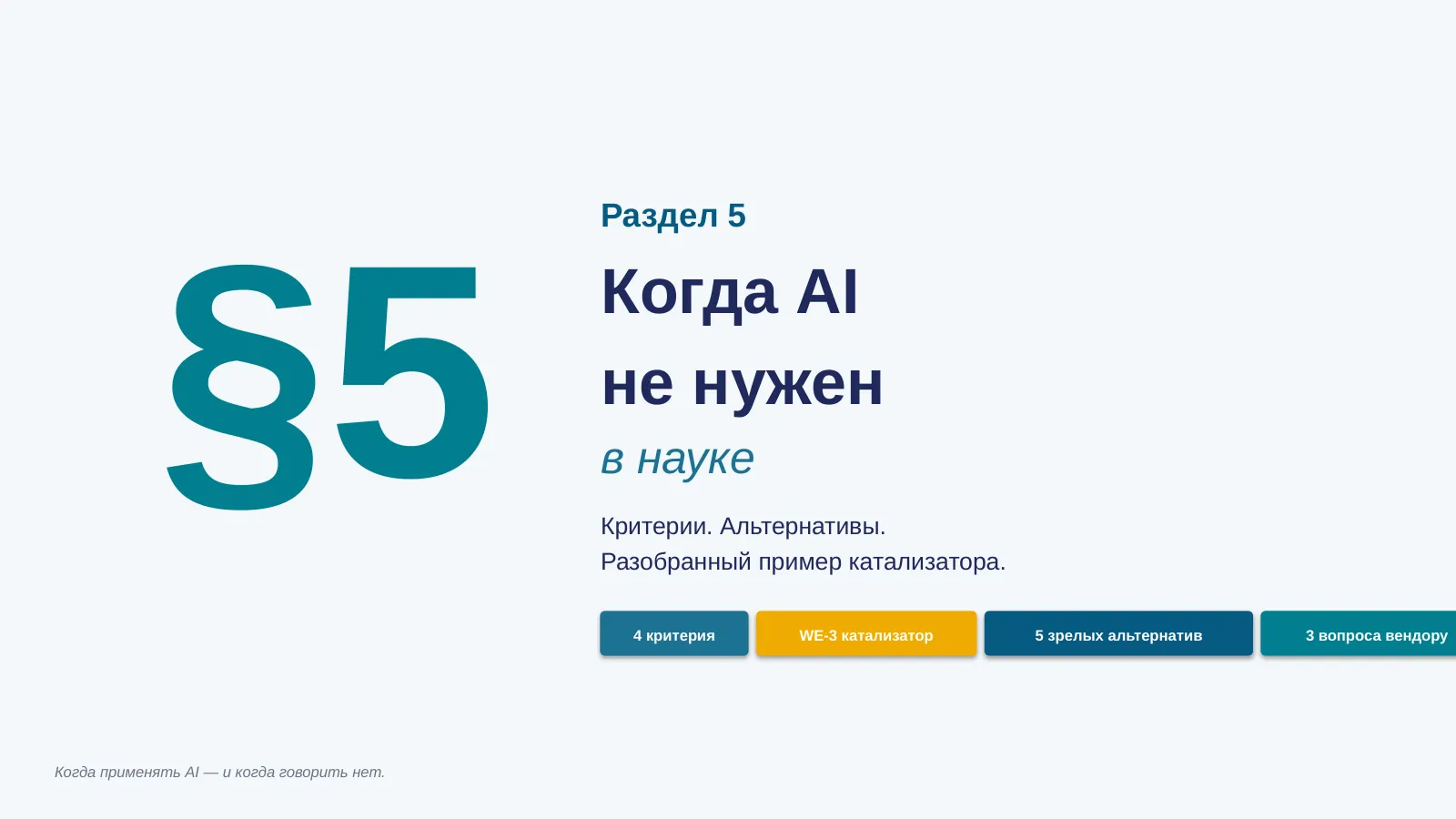 Слайд 32. Раздел 5: Когда AI не нужен — критерии + альтернативы