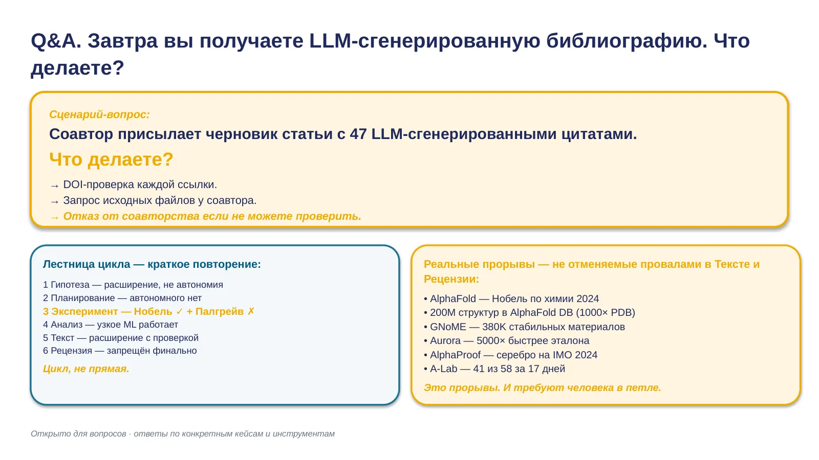 Слайд 38. Q&A: завтра LLM-библиография от соавтора + позитивный recap