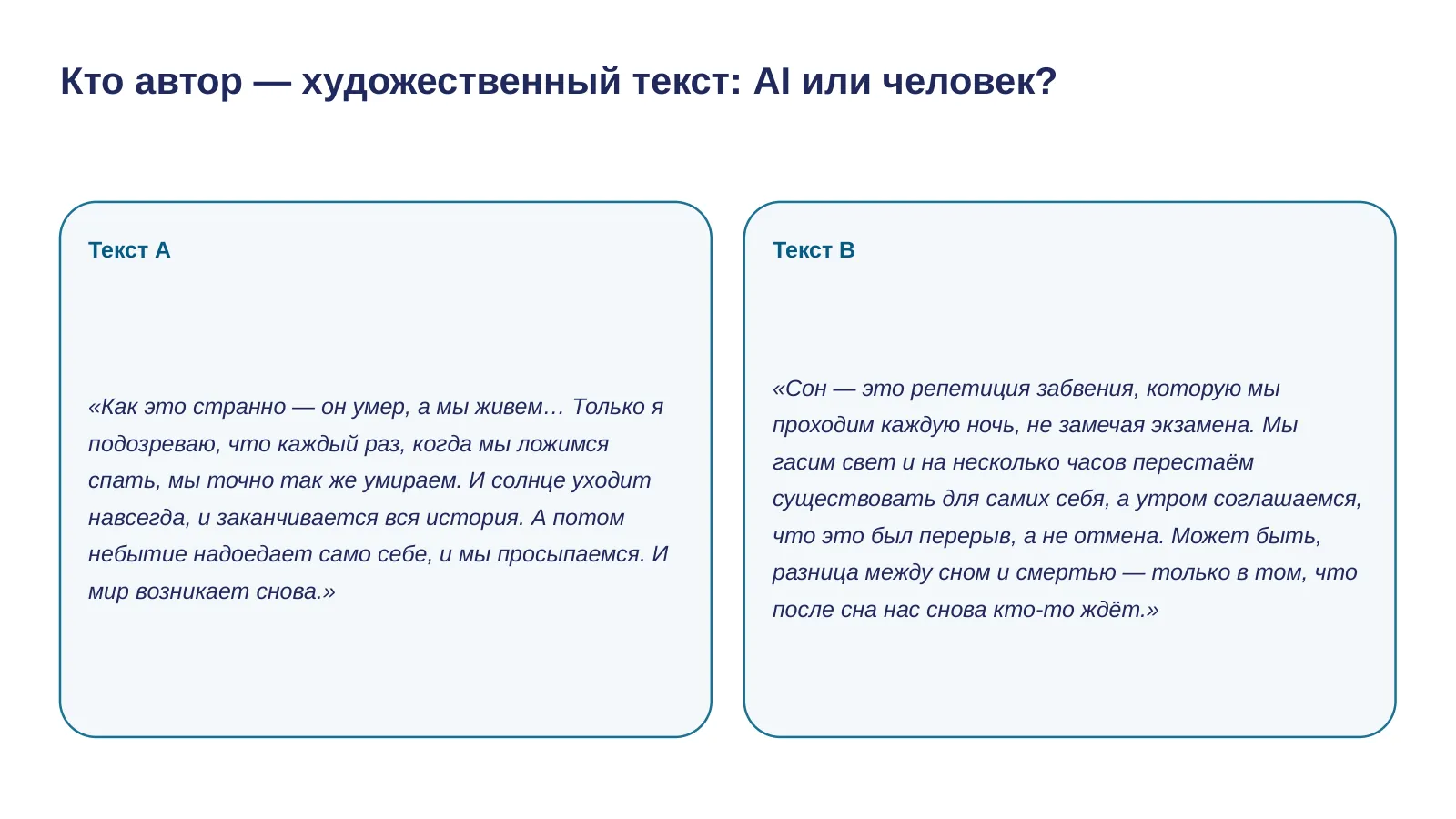 Слайд 5. Кто автор — художественный текст: AI или человек?