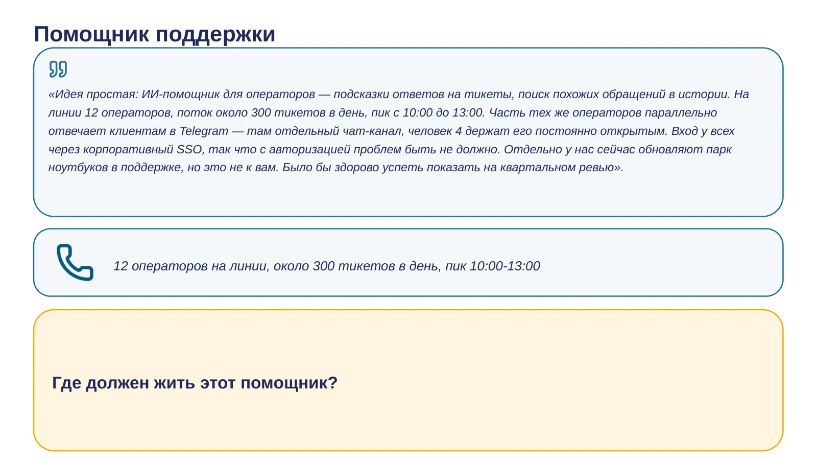 Слайд 11. ИИ-помощник для операторов техподдержки — подсказки ответов, поиск похожих обращений