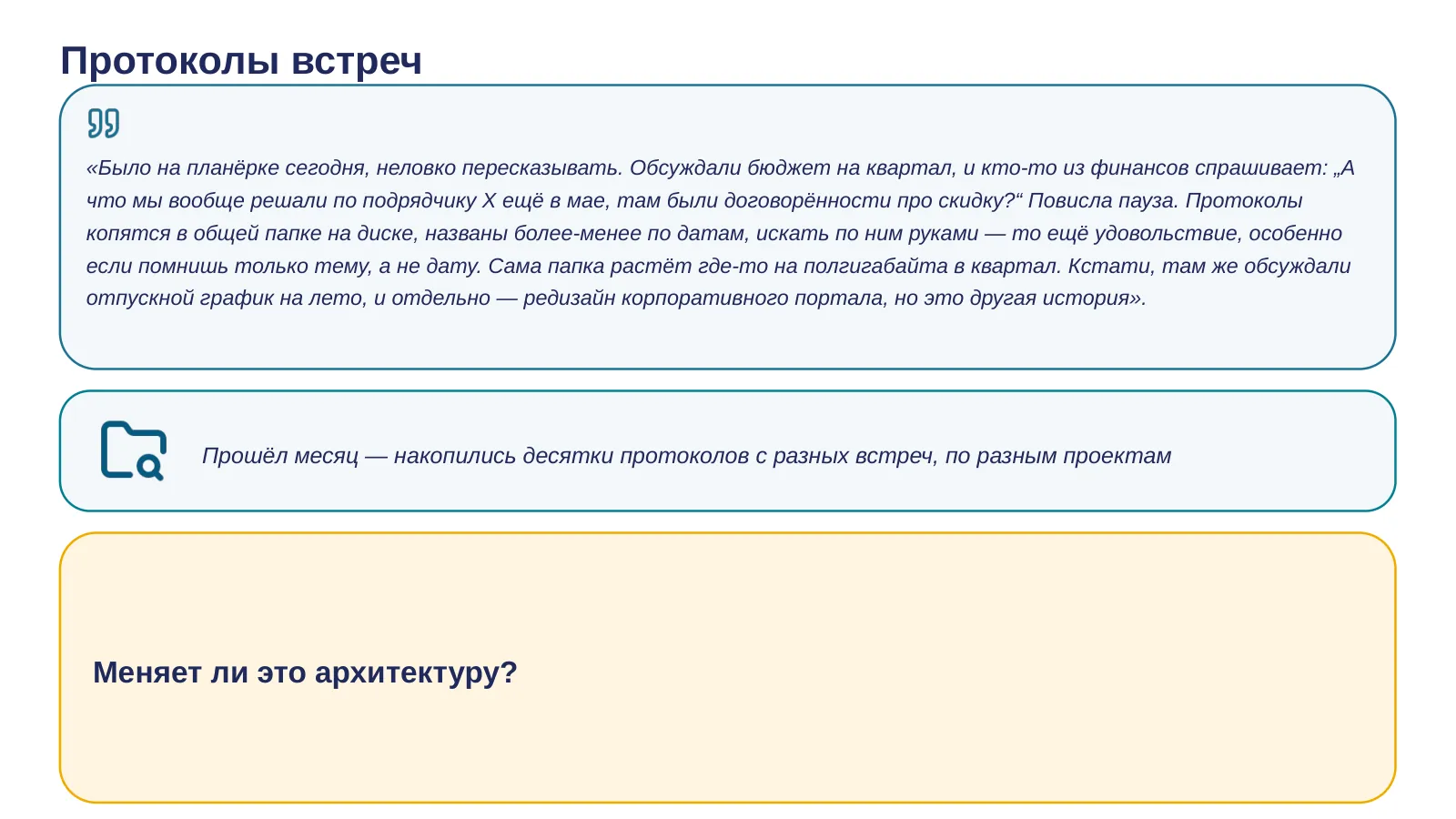 Слайд 23. Протоколы копятся в общей папке — что мы решали по подрядчику X в мае?