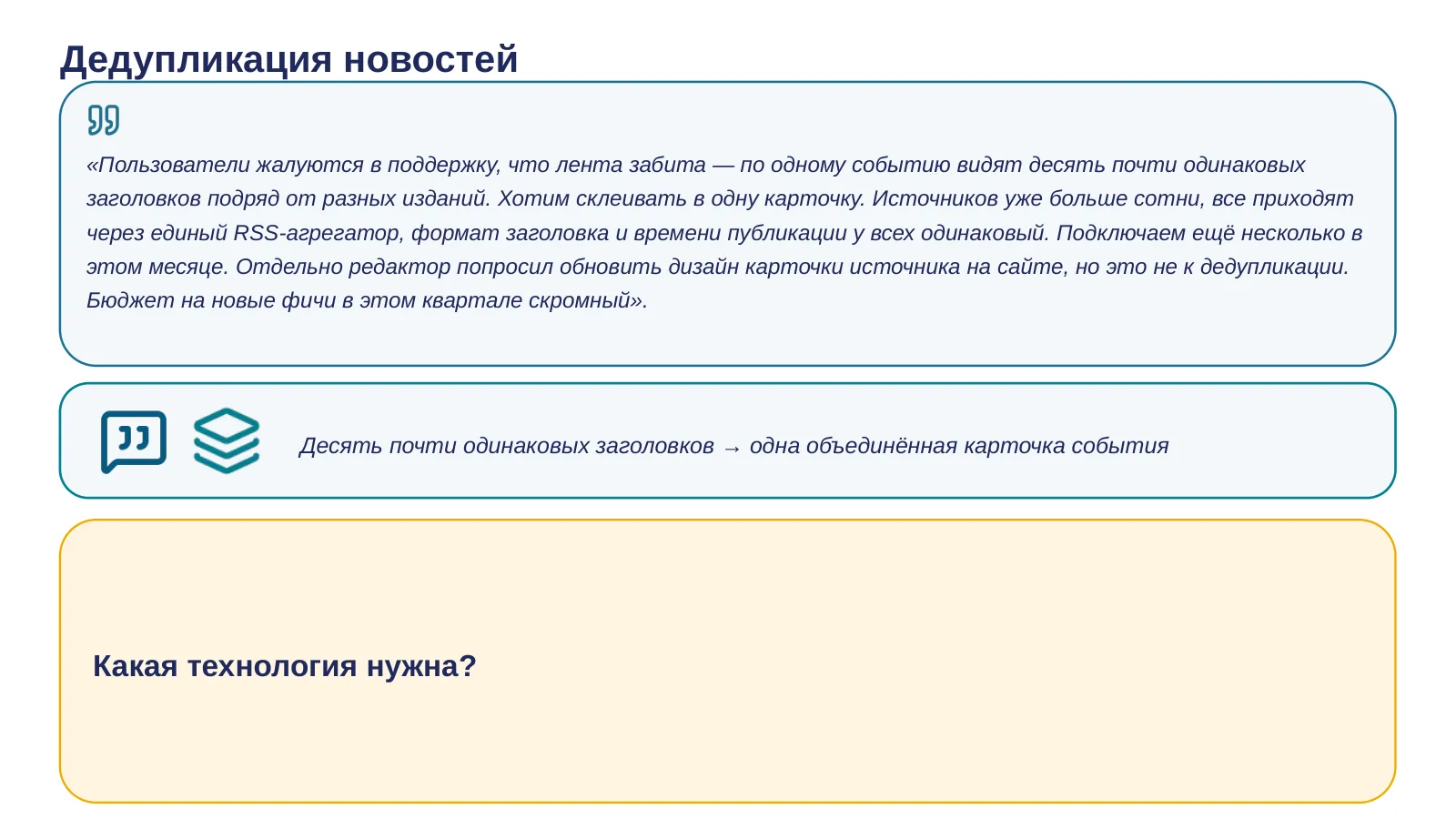 Слайд 40. Дедупликация новостей — нужно склеивать сообщения об одном событии в одну карточку