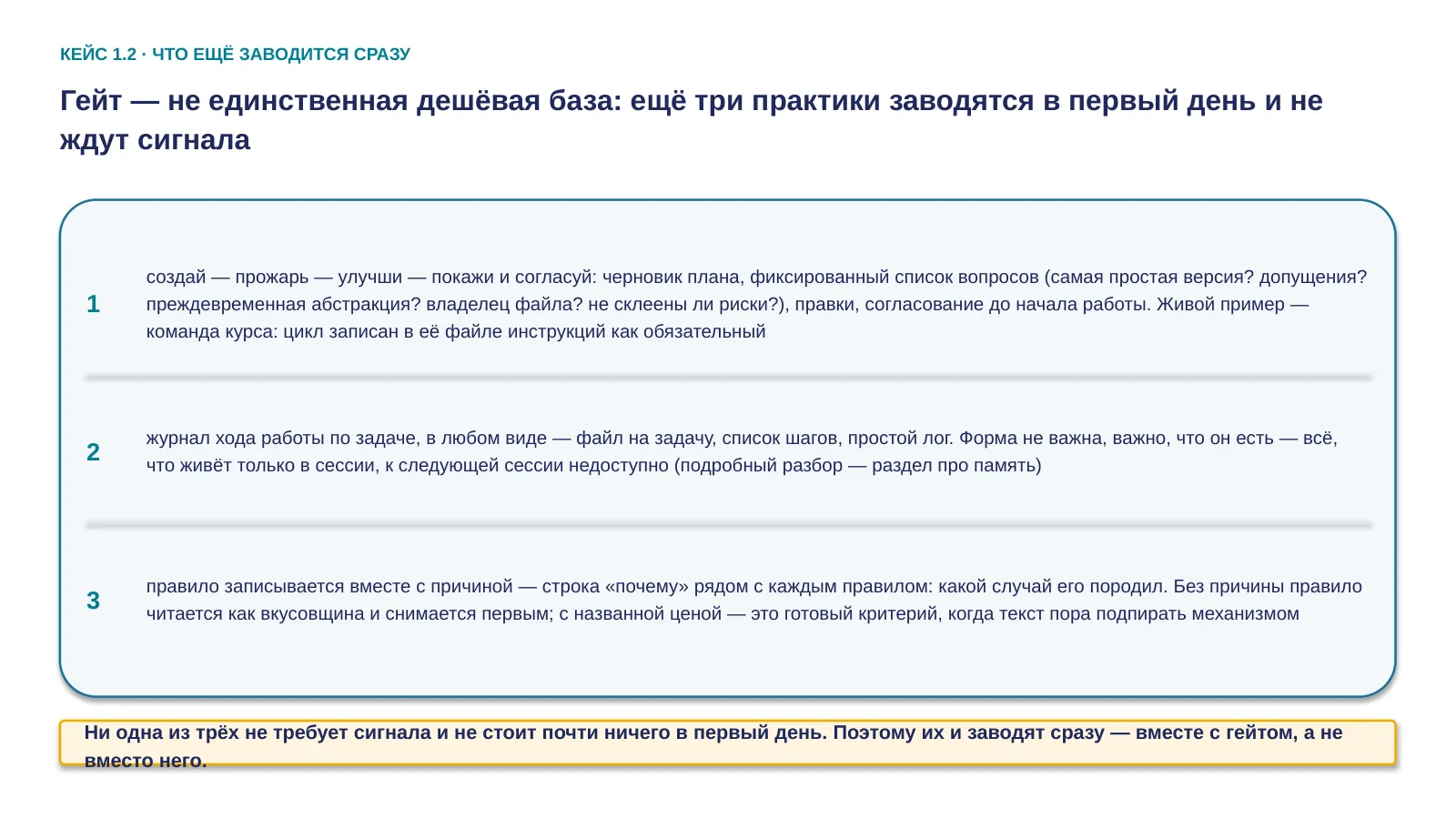 Слайд 21. Гейт — не единственная дешёвая база: ещё три практики заводятся в первый день и не ждут сигнала