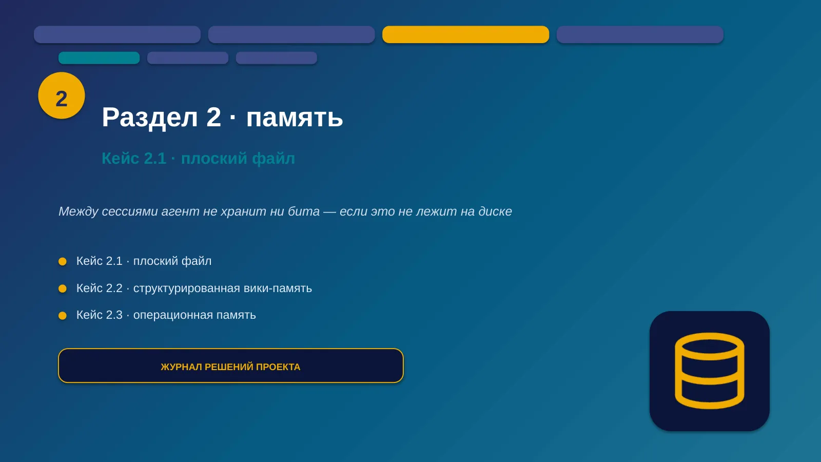 Слайд 28. Раздел 2 — память: то, что переживает конец сессии, а не то, что вы написали агенту заранее; кейс 2.1 — журнал решений проекта