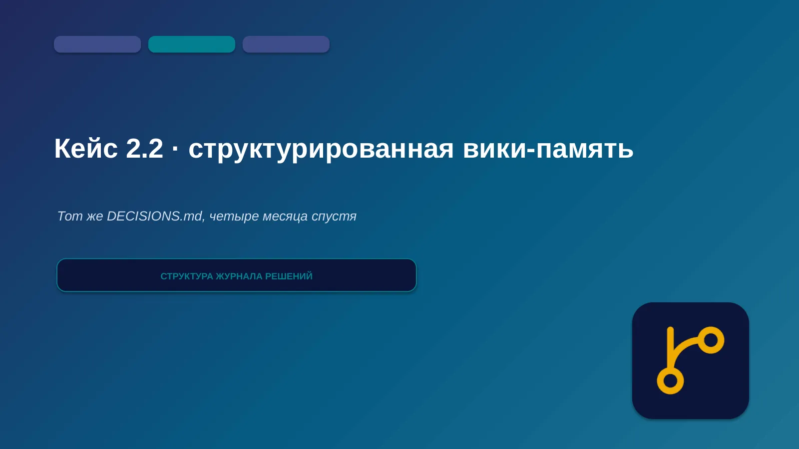 Слайд 38. Кейс 2.2 — структурированная вики-память: тот же журнал решений четыре месяца спустя