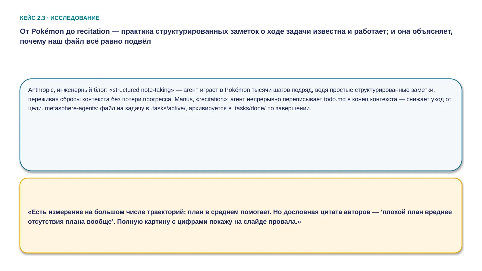 Слайд 50. Файл задачи — это и есть письменный план, по которому работает следующая сессия; поэтому кейс упирается в измеренный вопрос о неполных и устаревших планах