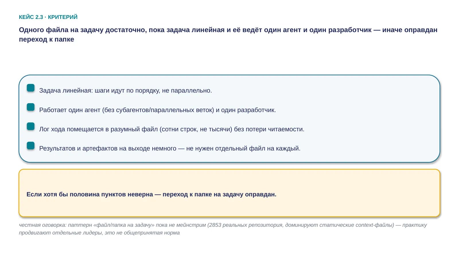 Слайд 54. Одного файла на задачу достаточно, пока задача линейная и её ведёт один агент и один разработчик — иначе оправдан переход к папке